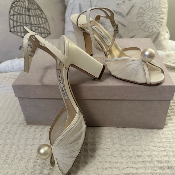 Jimmy Choo Sacaria 85 Tulle Pearl Ankle Strap Sandal heels ivory white size 39.5 - Picture 13 of 13